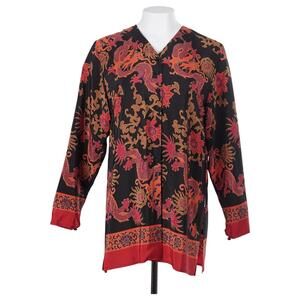 NWT DIANE VON FURSTENBERG Vtg Top XS Black Red Asian Dragon Print Silk Button Up